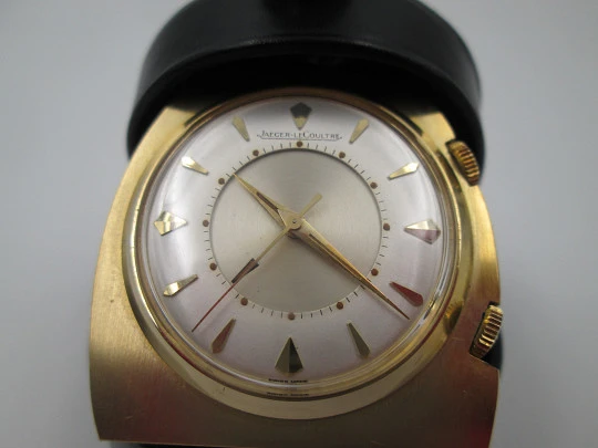 Jaeger LeCoultre Memovox travel alarm clock. Gold plated. Leather case. 1970's