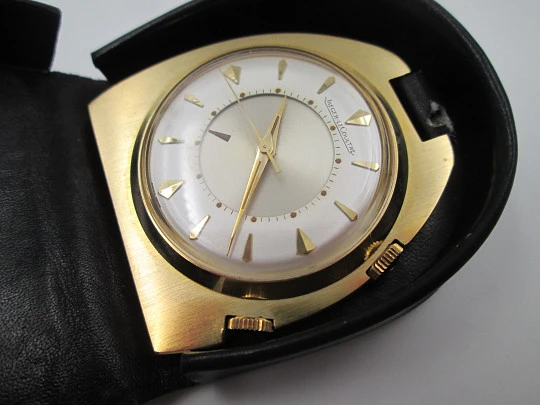 Jaeger LeCoultre Memovox travel desk alarm clock. Gold plated. Leather case. 1970's. Swiss Jaeger LeCoultre Memovox travel desk alarm clock. Gold plated. Leather case. 1970's. Swiss