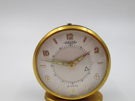 Jaeger Travel Alarm Clock Bronze Red Enamel 8 Day Wind-up | El