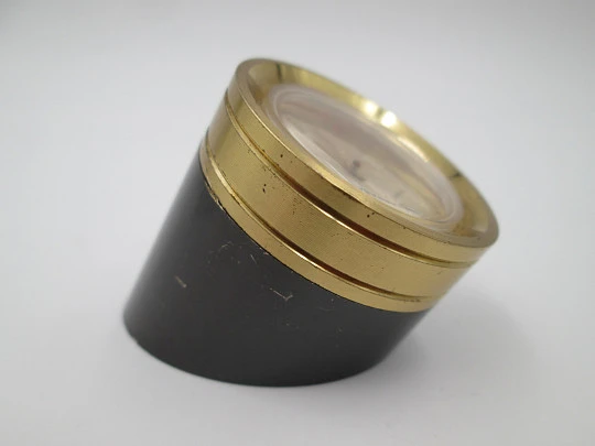 Jaguar cylindrical clock. Hand winding. Golden & blued bronze. 1960's. Calendar. Swiss