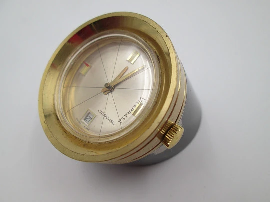Jaguar cylindrical clock. Hand winding. Golden & blued bronze. 1960's. Calendar. Swiss