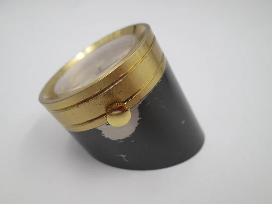 Jaguar cylindrical clock. Hand winding. Golden & blued bronze. 1960's. Calendar. Swiss