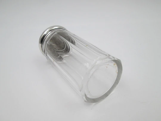 James Howell dressing table bottle. Sterling silver lid & faceted glass. 1900's. England