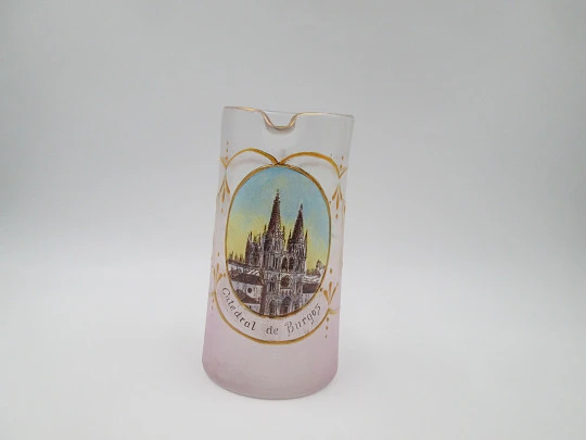 Jarra de cristal Catedral de Burgos. Medallón pintado e incrustaciones oro