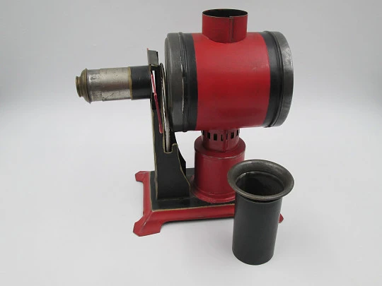 Jean Schoenner magic lantern. Painted and nickel tinplate. Slides and oil lamp. 1890's