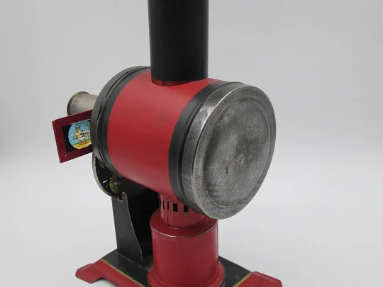 Jean Schoenner magic lantern. Painted and nickel tinplate. Slides and oil lamp. 1890's