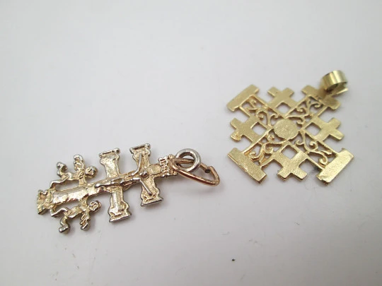 Jerusalem / Caravaca crosses pendants. 14 karat gold and vermeil sterling silver. 1990's