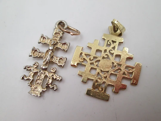 Jerusalem / Caravaca crosses pendants. 14 karat gold and vermeil sterling silver. 1990's