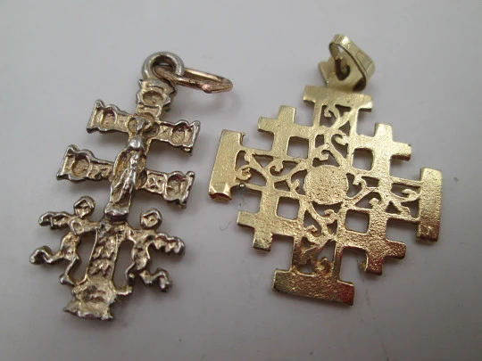 Jerusalem / Caravaca crosses pendants. 14 karat gold and vermeil sterling silver. 1990's
