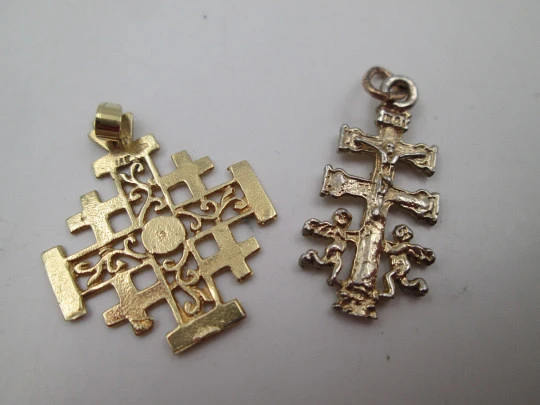 Jerusalem / Caravaca crosses pendants. 14 karat gold and vermeil sterling silver. 1990's
