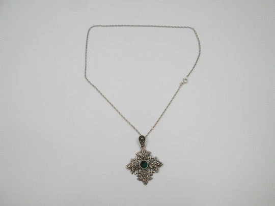 Jerusalem Cross with braided chain. Sterling silver and green gem. Europe. 1980's