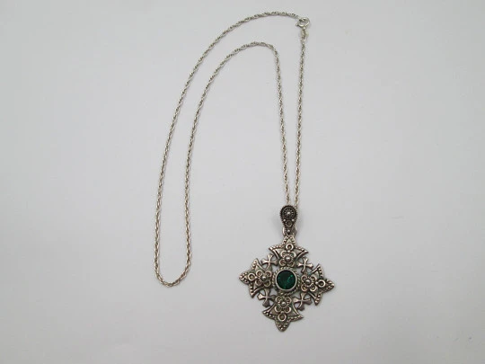 Jerusalem Cross with braided chain. Sterling silver and green gem. Europe. 1980's Jerusalem Cross with braided chain. Sterling silver and green gem. Europe. 1980's