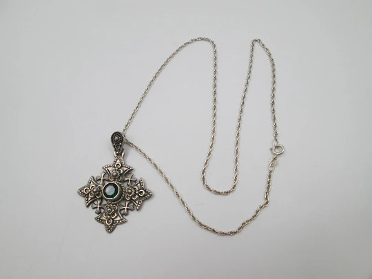 Jerusalem Cross with braided chain. Sterling silver and green gem. Europe. 1980's Jerusalem Cross with braided chain. Sterling silver and green gem. Europe. 1980's