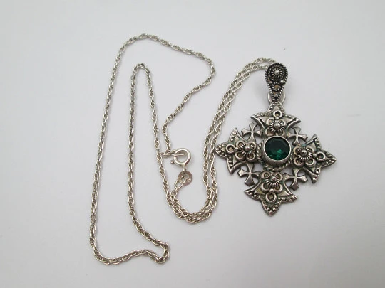 Jerusalem Cross with braided chain. Sterling silver and green gem. Europe. 1980's Jerusalem Cross with braided chain. Sterling silver and green gem. Europe. 1980's