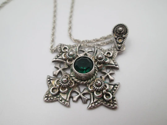 Jerusalem Cross with braided chain. Sterling silver and green gem. Europe. 1980's Jerusalem Cross with braided chain. Sterling silver and green gem. Europe. 1980's