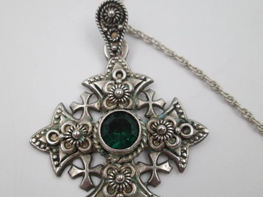 Jerusalem Cross with braided chain. Sterling silver and green gem. Europe. 1980's Jerusalem Cross with braided chain. Sterling silver and green gem. Europe. 1980's