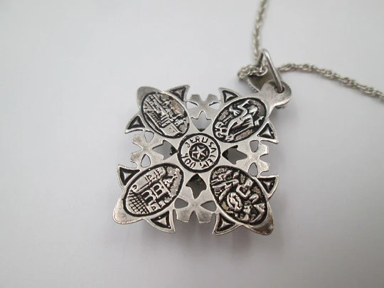 Jerusalem Cross with braided chain. Sterling silver and green gem. Europe. 1980's Jerusalem Cross with braided chain. Sterling silver and green gem. Europe. 1980's