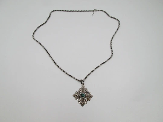 Jerusalem Cross with braided cord. Sterling silver and malachite. Mexico. 1980's