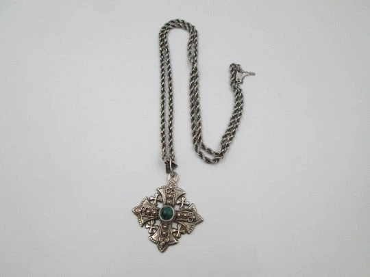 Jerusalem Cross with braided cord. Sterling silver and malachite. Mexico. 1980's