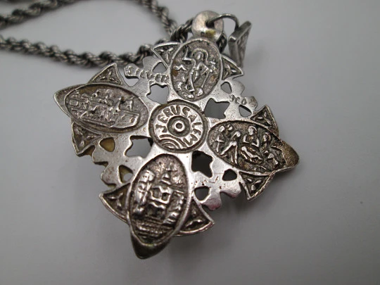 Jerusalem Cross with braided cord. Sterling silver and malachite. Mexico. 1980's