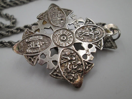 Jerusalem Cross with braided cord. Sterling silver and malachite. Mexico. 1980's