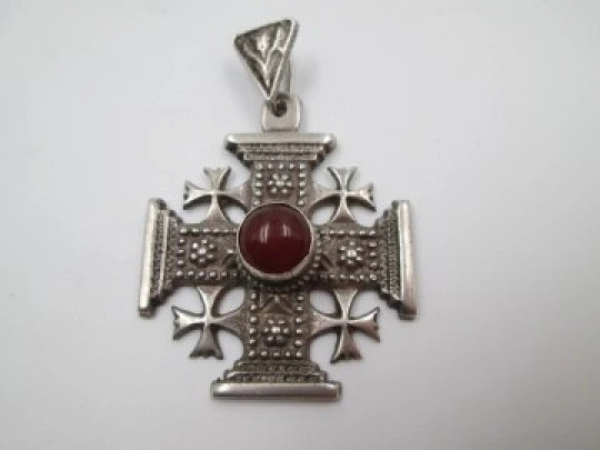 Jerusalem's Cross. 900 sterling silver. Amber gem. Pendant
