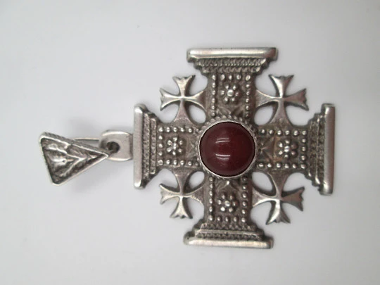 Jerusalem's Cross. 900 sterling silver. Amber gem. Pendant