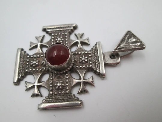 Jerusalem's Cross. 900 sterling silver. Amber gem. Pendant