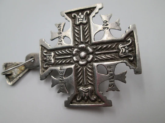 Jerusalem's Cross. 900 sterling silver. Amber gem. Pendant