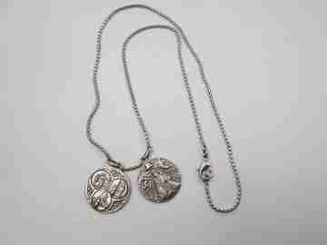Jesus Christ and Virgin Mary medals with chain. Sterling silver. High relief. Spain. 1940's