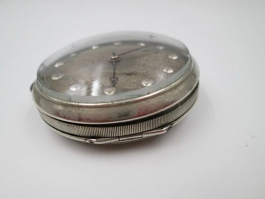 Jn. Ls. Debrit à Genève pocket watch chimes hour quarter. Silver plated. Ornate cooper dial