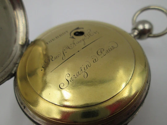 Jn. Ls. Debrit à Genève pocket watch chimes hour quarter. Silver plated. Ornate cooper dial