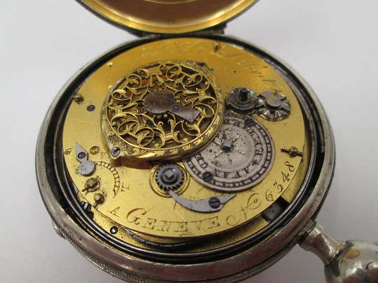 Jn. Ls. Debrit à Genève pocket watch chimes hour quarter. Silver plated. Ornate cooper dial