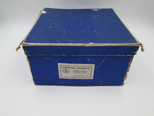 Johann Falk electric magic lantern. Blued tinplate. Box & slides. Germany. 1920's