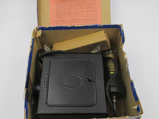 Johann Falk electric magic lantern. Blued tinplate. Box & slides. Germany. 1920's