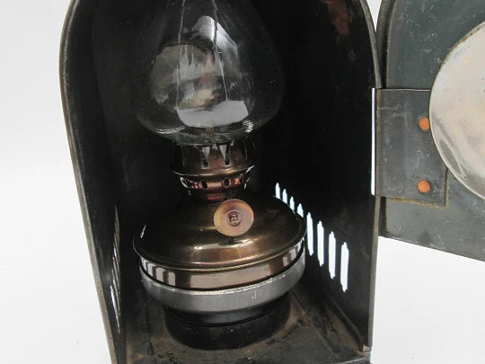 Johann Falk magic lantern. Blued tinplate. Slides and oil lamp. Germany. 1900's