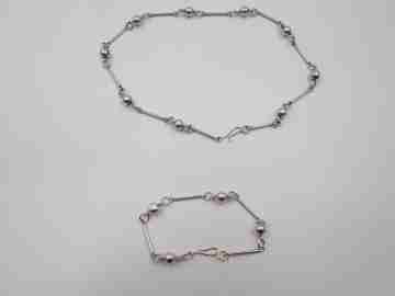 Juego collar y pulsera para mujer. Plata de ley 925. Cilindros y bolas. 1980