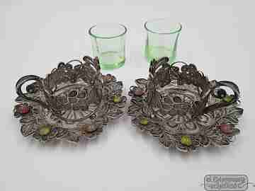 Juego de café de filigrana. Plata. Piedras y motivos decorativos