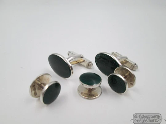 Juego de gemelos y botones. Plata de ley y esmalte verde. KJD Jewellers