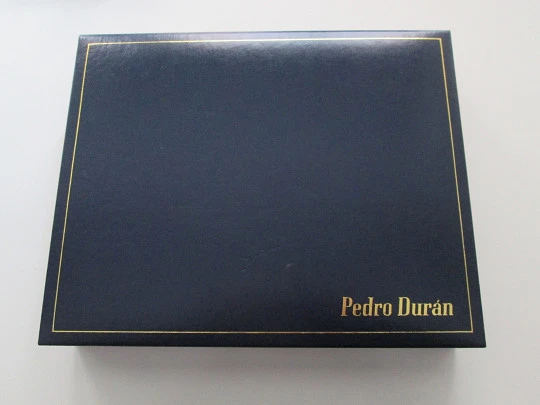 Juego escritorio Pedro Durán. Abrecartas, bloc y pinza. Plata. Años 90