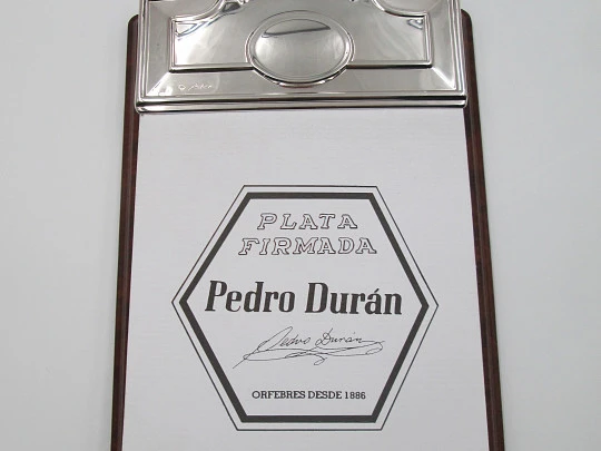 Juego escritorio Pedro Durán. Abrecartas, bloc y pinza. Plata. Años 90