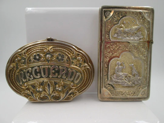 Juego Recuerdo. Monedero y tarjetero. Plata de ley vermeil. Francia. 1900