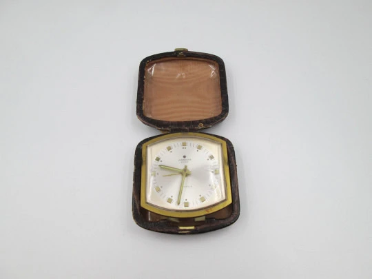 Junghans Bivox alarm desk travel clock. Gold plated. Manual wind. Germany. 1960's