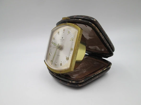 Junghans Bivox alarm desk travel clock. Gold plated. Manual wind. Germany. 1960's