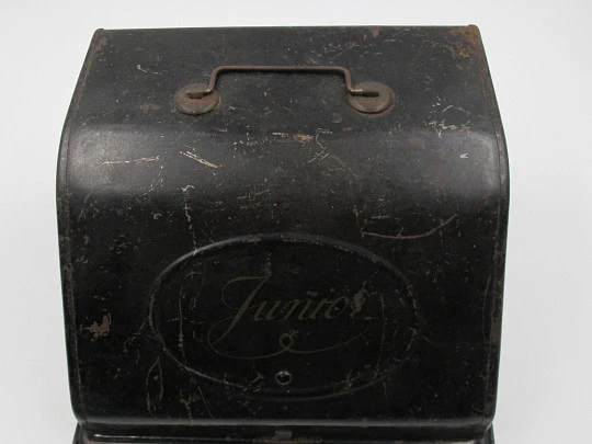 Junior typewriter toy. Black enamel tinplate. Original box. 1920's. Germany