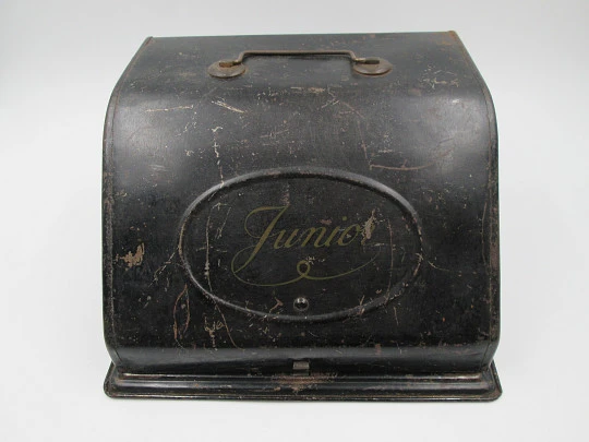 Junior typewriter toy. Black enamel tinplate. Original box. 1920's. Germany