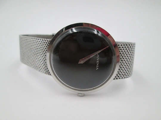 Juvenia. Manual wind. Stainless steel. Mesh bracelet. 1970's. Black dial