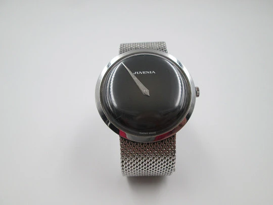 Juvenia. Manual wind. Stainless steel. Mesh bracelet. 1970's. Black dial