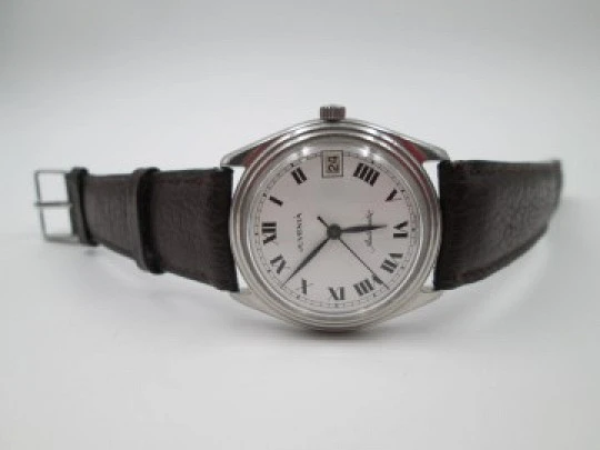 Juvenia. Stainless steel. Porcelain dial. Automatic. Date. 1970's. Swiss. Strap