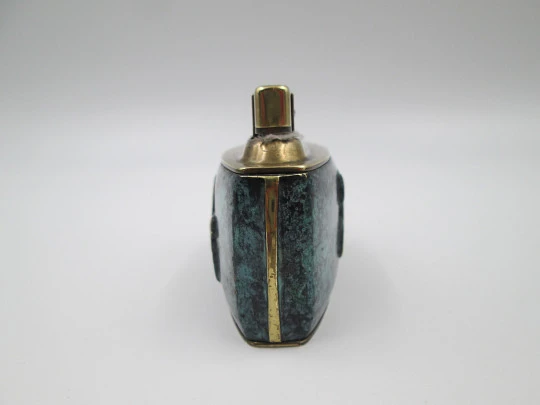 Karl Wieden desk petrol lighter. Bronze and malachite. Horses motif. Germany. 1930's